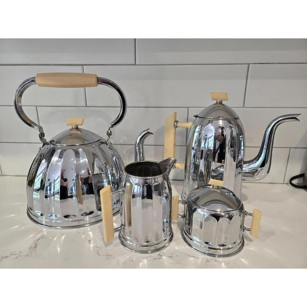 Tea Set Demeyere art deco chromed metal phenolic handled Coffee Pot Cream Sugar